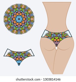 Female buttocks with panties. Decorative vector illustration. Mandala fashion print