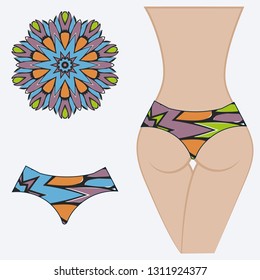 Female buttocks with panties. Decorative vector illustration. Mandala fashion print