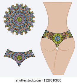 Female buttocks with panties. Decorative vector illustration. Mandala fashion print