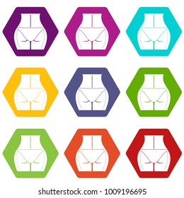 Female buttocks prepared to plastic surgery icon set many color hexahedron isolated on white vector illustration