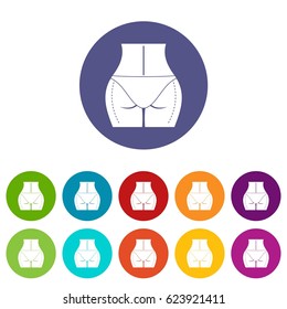 Female buttocks prepared to plastic surgery icons set in circle isolated flat vector illustration