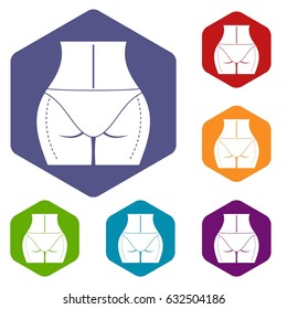Female buttocks prepared to plastic surgery icons set hexagon isolated vector illustration