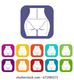 Female buttocks prepared to plastic surgery icons set vector illustration in flat style In colors red, blue, green and other