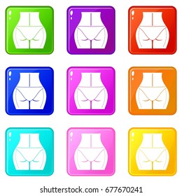 Female buttocks prepared to plastic surgery icons of 9 color set isolated vector illustration