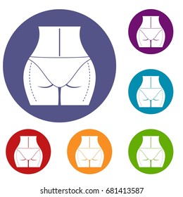 Female buttocks prepared to plastic surgery icons set in flat circle red, blue and green color for web