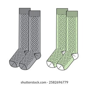 Female cable knit wool socks vector design technical illustration by adobe illustrator.