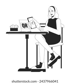 Female cafe customer scanning qr code black and white 2D line cartoon character. Blonde woman isolated vector outline person. Paying for coffee with nfc phone monochromatic flat spot illustration