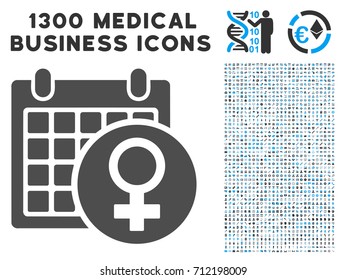 Female Calendar gray vector icon with 1300 doctor business icons. Set style is flat bicolor light blue and gray pictograms.