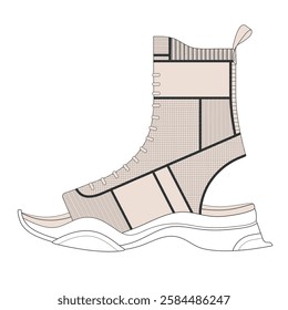 Female calf high top sandals vector design mockup template technical flat drawing.