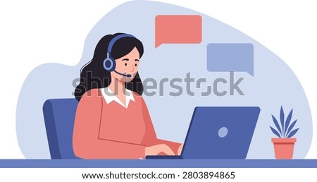 Female call center agent working on laptop with speech bubbles. Illustrates online support and communication.