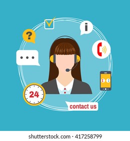 Female call center avatar icon with service icons. Support service concept. Vector illustration