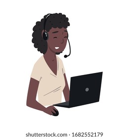 Female Call Center Operator, African American Woman Online Customer Support Service Assistant with Headset, Help Desk, Technical Support Vector Illustration