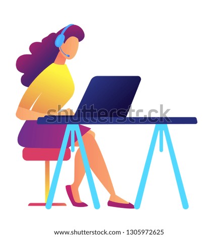 Female call center operator with headset working with laptop at desk vector illustration. Customer support and consultant, phone assistance and online job concept. Isolated on white background.