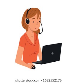 Female Call Center Operator, Online Customer Support Service Assistant with Headset, Help Desk, Online Technical Support Vector Illustration