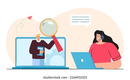 Female call center operator and tiny client on laptop screen. Calls administrator answering questions flat vector illustration. Customer service or support concept for banner, website design