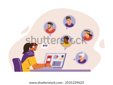 A female call center operator. Vector Indian woman in a sari, sitting at a table with a laptop and headphones. The main focus is on professional support.