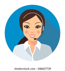 Female Call center operator wearing a headset. The apartment is in a modern style, isolated on a blue background icon. vector illustration