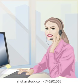 Female call center operator working in office.girl operator.Vector illustration