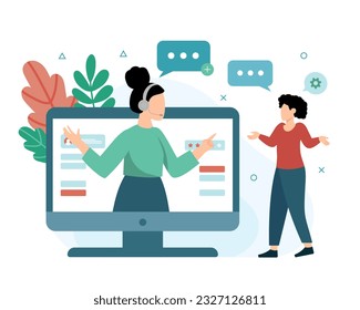 Mujer del centro de llamadas hablando con el cliente, ayudando a resolver problemas. Personal del departamento de atención al cliente. Asesores de operadores de línea directa. Comunicación de servicio al cliente. Ilustración vectorial en colores azules