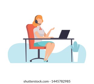 Female Call Center Worker, Online Support Service Assistant Talking Online with Headphones, Distant Education Courses, Social Networking, People Communicating Via Internet Vector Illustration