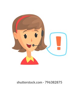 Female call center worker and speech bubble with attention sign, online customer support service assistant with headphones, cartoon vector Illustration