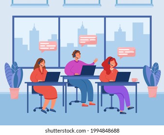 Female call center workers flat vector illustration. Happy women sitting at tables, talking with clients using headset. Office, support, operator concept