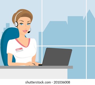 Female call centre operator with headset sitting in the office. 