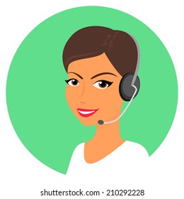 Female call centre operator with headset. Round icon
