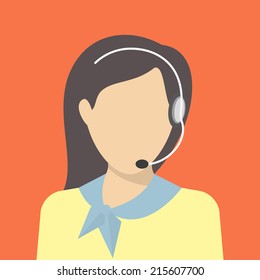 Female call centre operator with headset. Flat moderm style