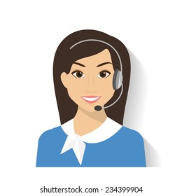 Female call centre operator with headset. Flat moderm style
