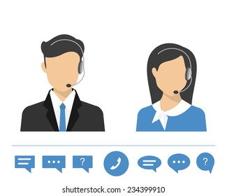 Female call centre operator with headset. Flat moderm style