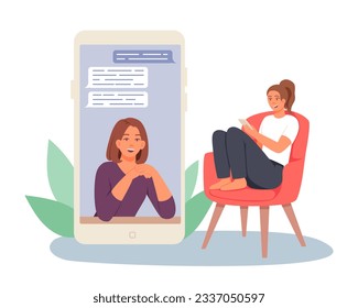 Llamadas de una mujer a un amigo, charlando y hablando a través de un smartphone. Cita con el psicólogo. Apoyo emocional y consulta en línea. Ilustración plana vectorial en estilo de caricatura