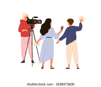Female cameraman and correspondent making live reportage. Professional journalist recording interview. Media workers with equipment isolated on white. Vector illustration in flat cartoon style.