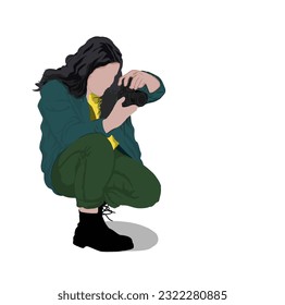a female cameraman is taking a photo with her camera, against a white background
