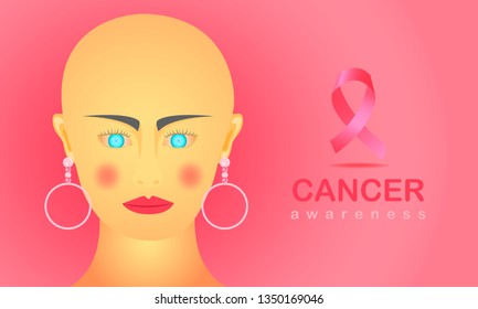 female with cancer indoors. ribbon and text for care all people. vector illustration eps10