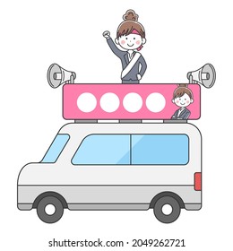 A female candidate to make a speech in an election car.