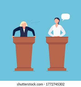 Female candidates taking part in a debate. Pair of government workers talking to each other, discussing problems, or having a dispute. Flat vector illustration.