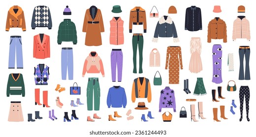 Female capsule set. Fashion clothes and accessories. Fall, winter garments, footwear, hats, socks, bags. Modern casual apparel collection. Colored flat vector illustration