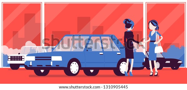 Female car dealership sells a new vehicle to\
woman. Woman buying auto in automobile shop, making agreement with\
agency manager, officially agree to a deal. Vector illustration,\
faceless characters