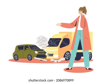 Female car driver in accident on city street calling to insurance service, police and emergency. Vehicle crash scene. Safety on road concept. Cartoon flat vector illustration