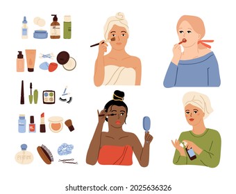 Female care. Makeup process, skin cares cosmetics and procedure. Cosmetology, beauty salon. Isolated diverse girls after bath doing make up vector set