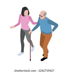 Female care worker helping elderly man isometric icon 3d vector illustration