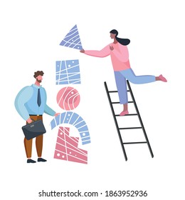 Female career, woman self growth,  , working success, achievement, Self development and career.  Woman building geometric  pyramide isolated, girl on stair, girl on ladder, self growth stairs