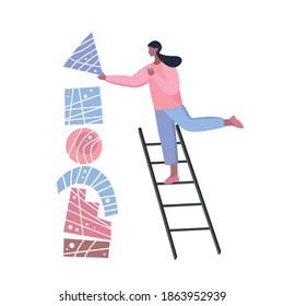 Female career, woman self growth,  , working success, achievement, Self development and career.  Woman building geometric  pyramide isolated, girl on stair, girl on ladder, self growth stairs