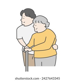 A female caregiver assisting an elderly woman with walking