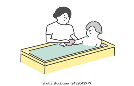 A female caregiver assisting an elderly woman with bathing