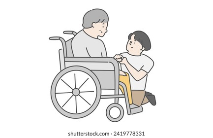 Female caregiver and elderly woman in wheelchair illustration