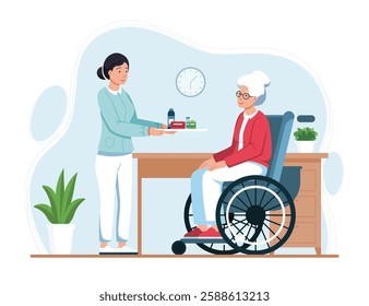 Female caregiver give medication to elderly woman seated in wheelchair. Doctor takes care about senior handicapped patient. Old woman in hospital office. Healthcare concept. Flat vector illustration.