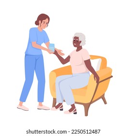 Female caregiver giving glass to senior woman semi flat color vector characters. Editable figures. Full body people on white. Simple cartoon style illustration for web graphic design and animation