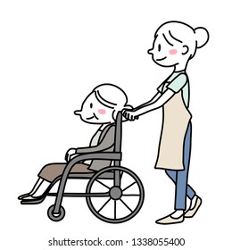 Female caregiver pushing elderly woman in wheelchair. Senior woman in wheelchair with caregiver. Elderly care service concept with female caregiver taking care of happy elderly woman in wheelchair.